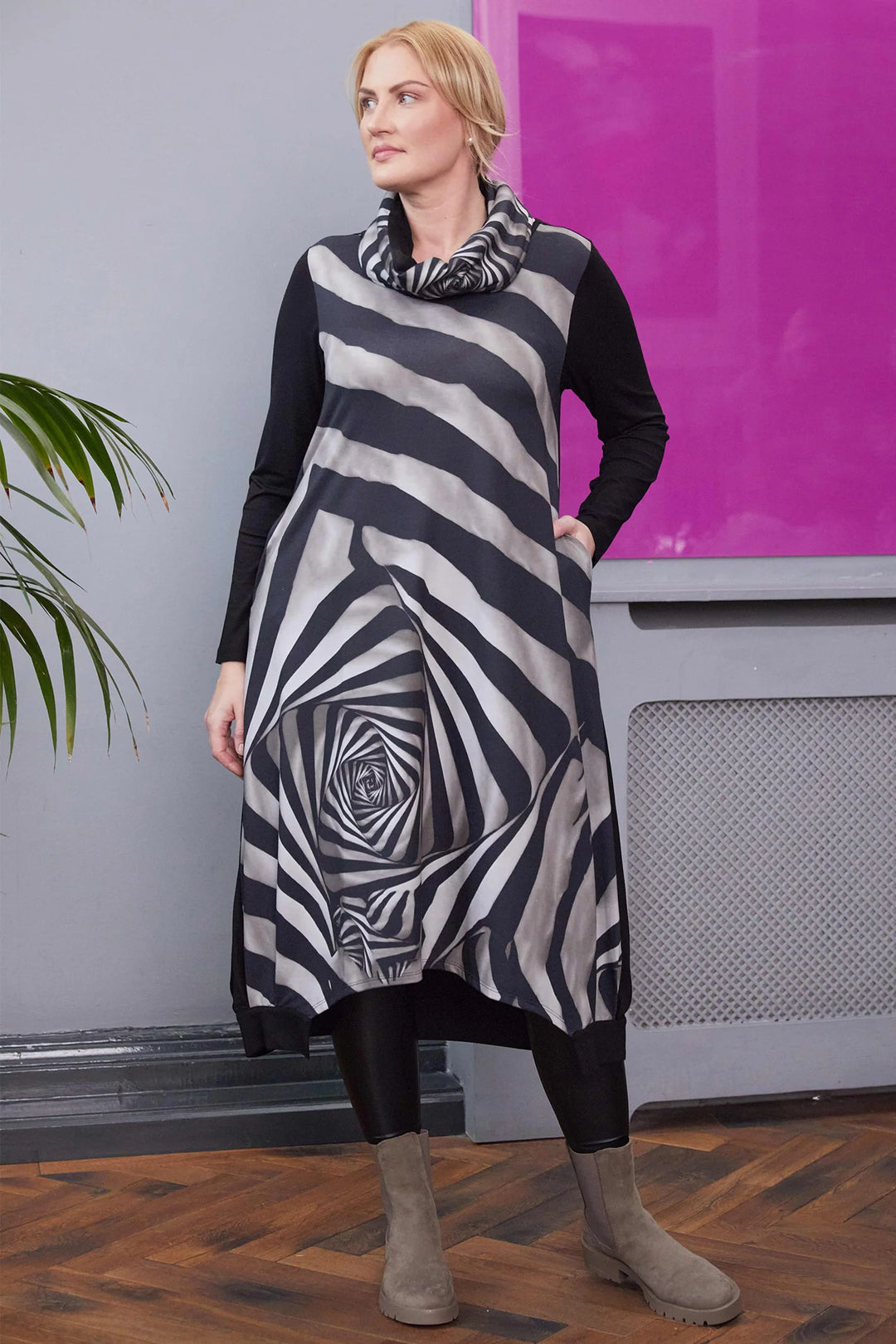 Ora V Neck Print Dress with Cut Away Hem and Neckscarf