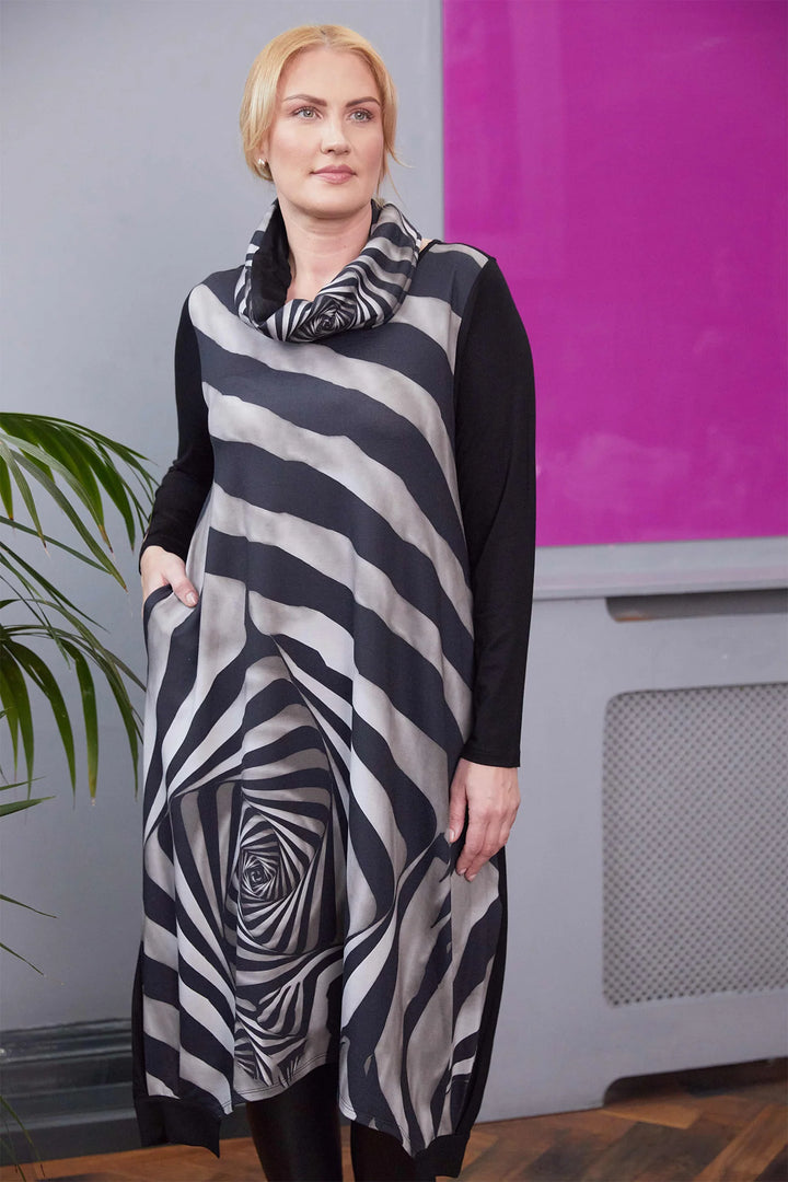 Ora V Neck Print Dress with Cut Away Hem and Neckscarf
