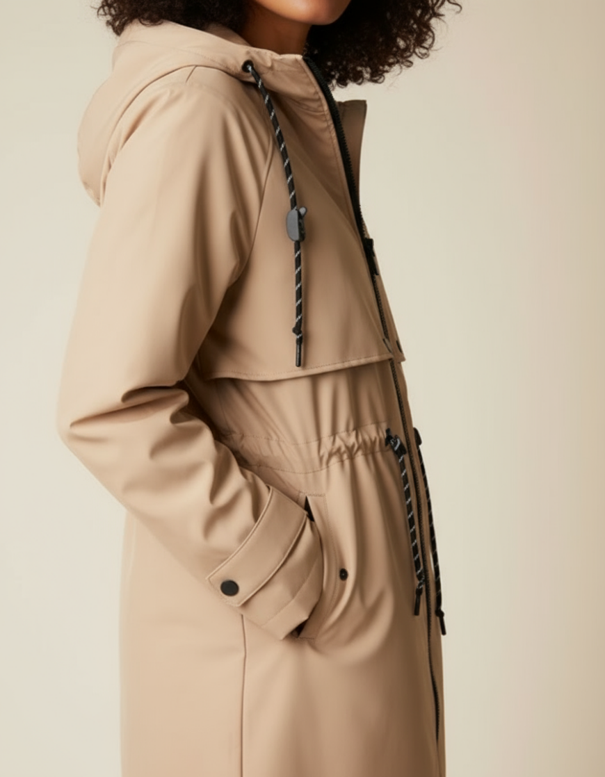 Long Beige Waterproof Parka with Hood