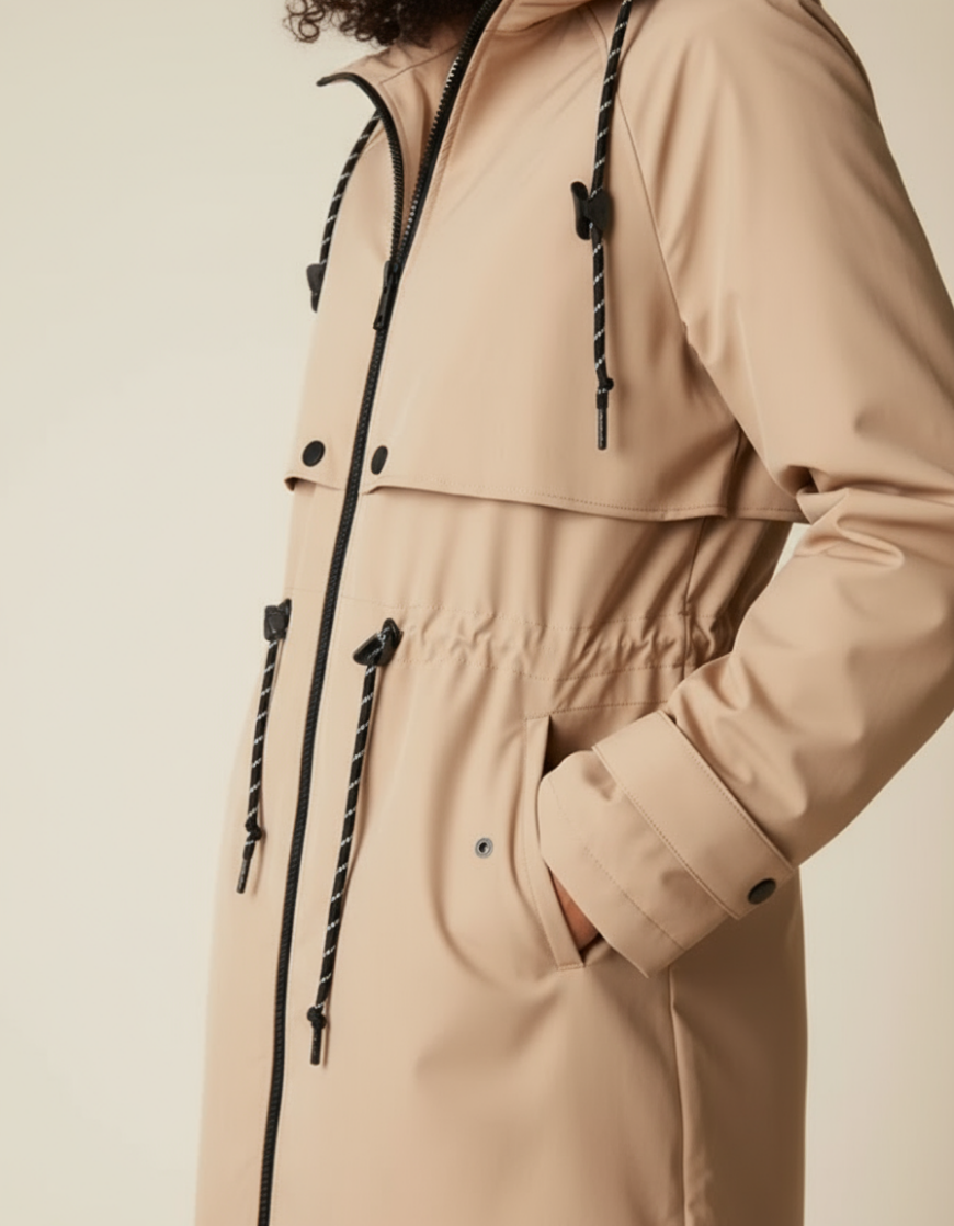 Long Beige Waterproof Parka with Hood