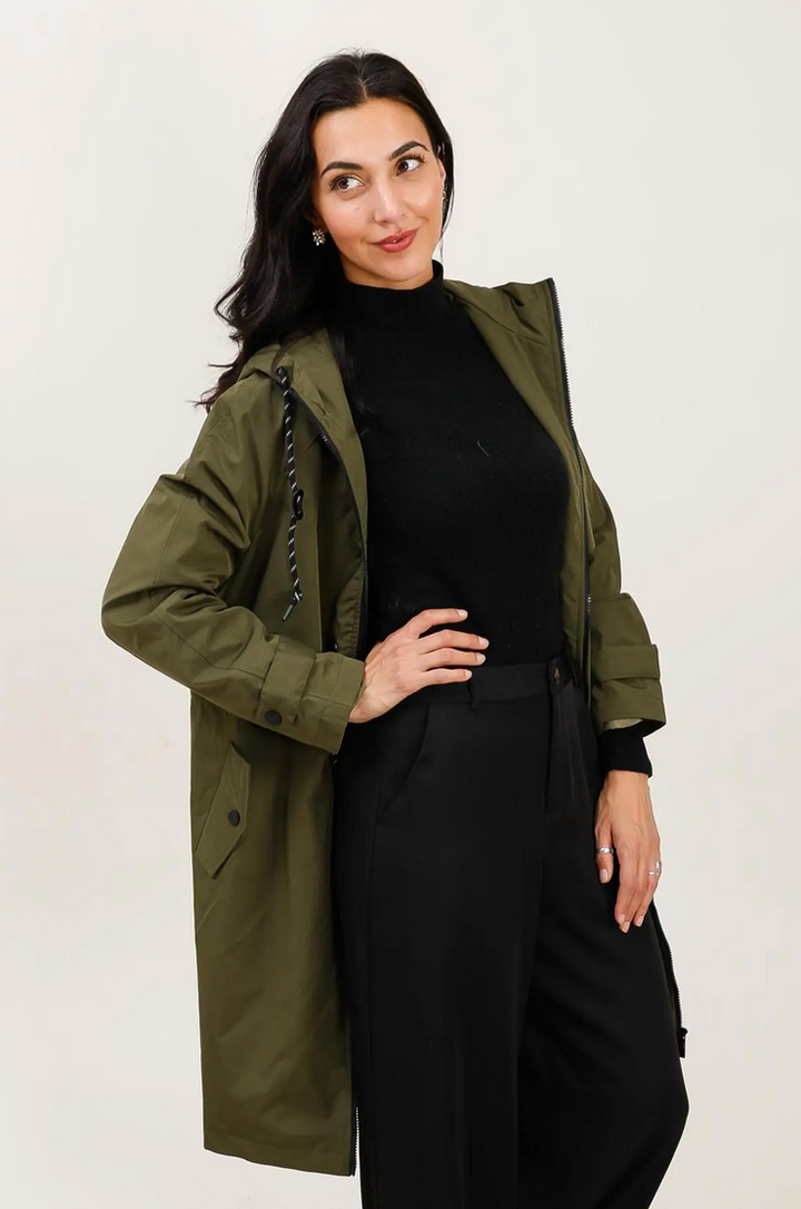 Kaki Long Waterproof Parka with Hood
