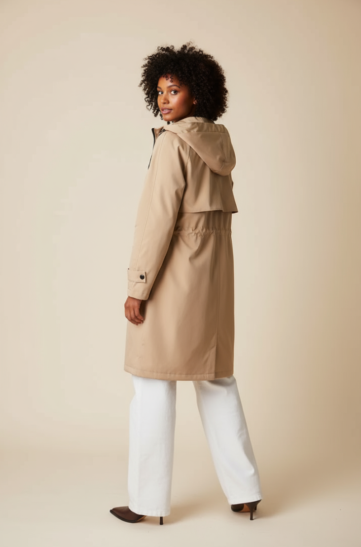 Beige Long Waterproof Parka with Hood