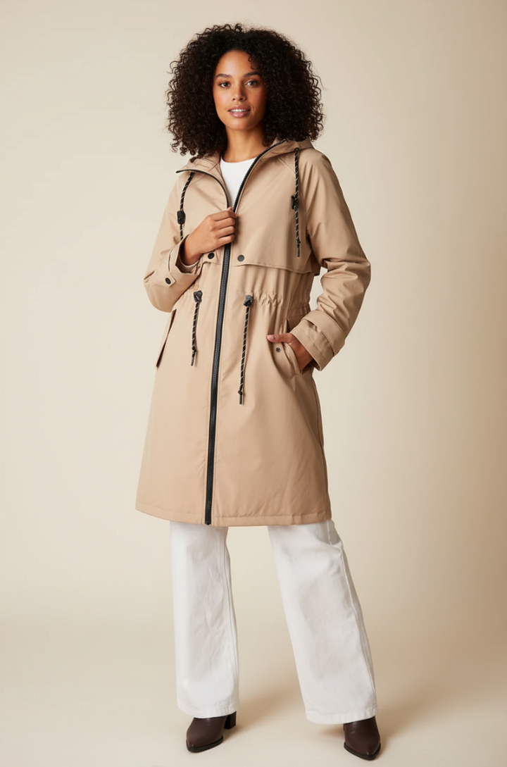 Beige Long Waterproof Parka with Hood
