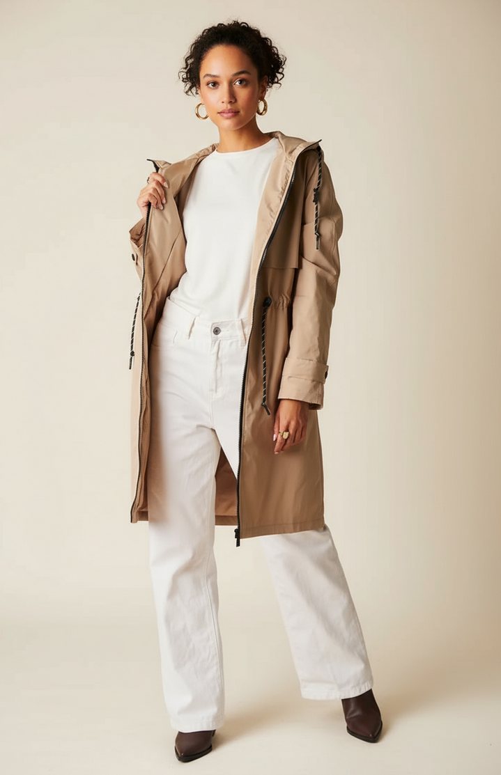 Beige Long Waterproof Parka with Hood