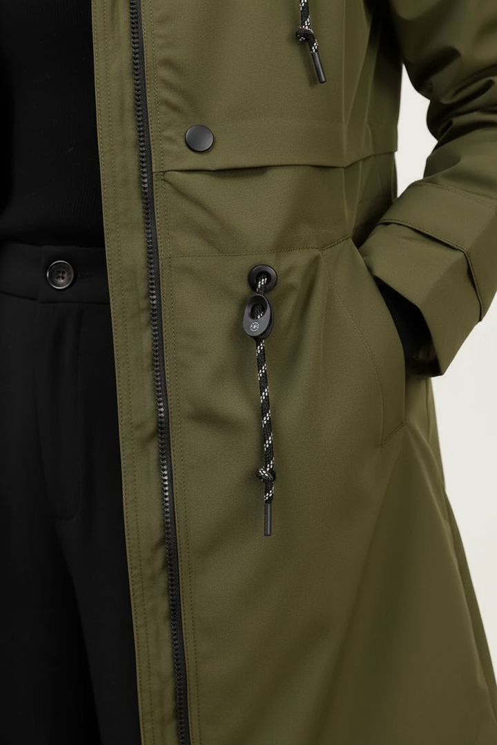 Long Khaki Waterproof Parka with Hood