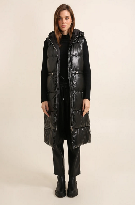 Long Black Metallic Sleeveless Padded Coat