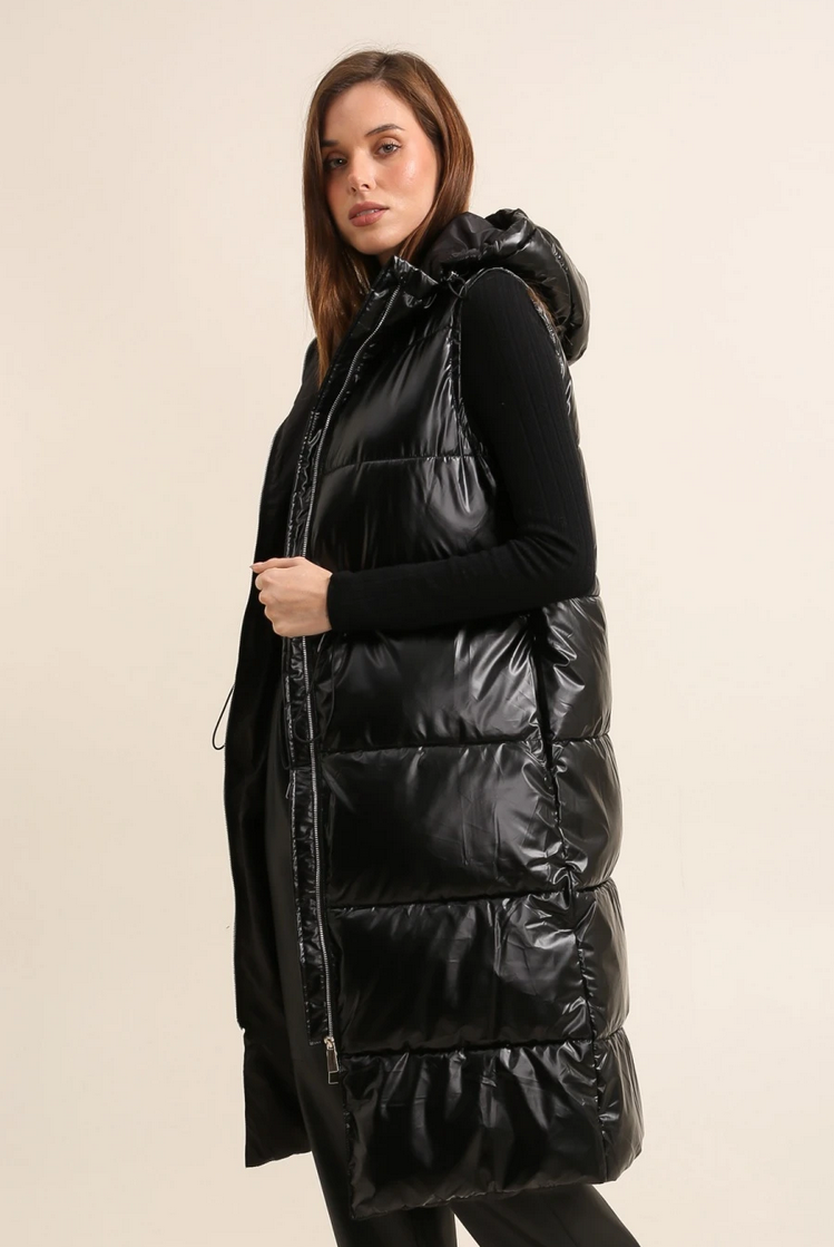 Long Black Metallic Sleeveless Padded Coat