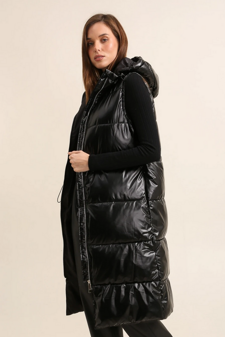 Long Black Metallic Sleeveless Padded Coat