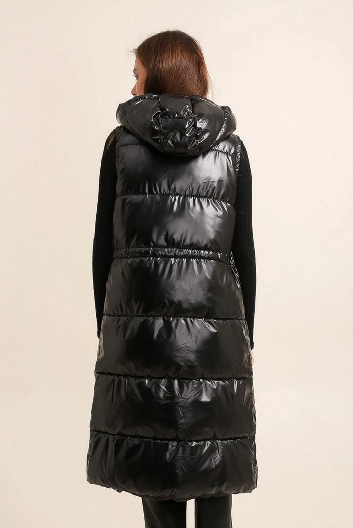 Long Black Metallic Sleeveless Padded Coat