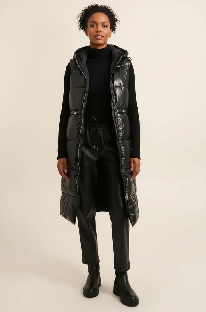 Long Black Metallic Sleeveless Padded Coat