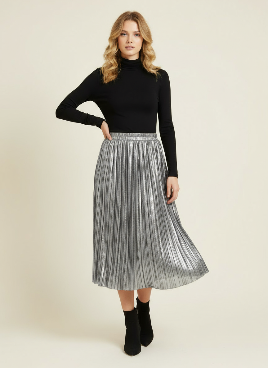 Metallic Shiny & Pleated Skirt