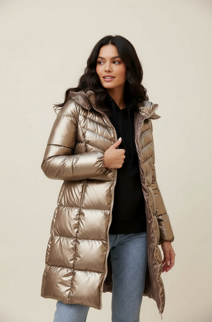 Mid-Length Gold Quilted Down Jacket