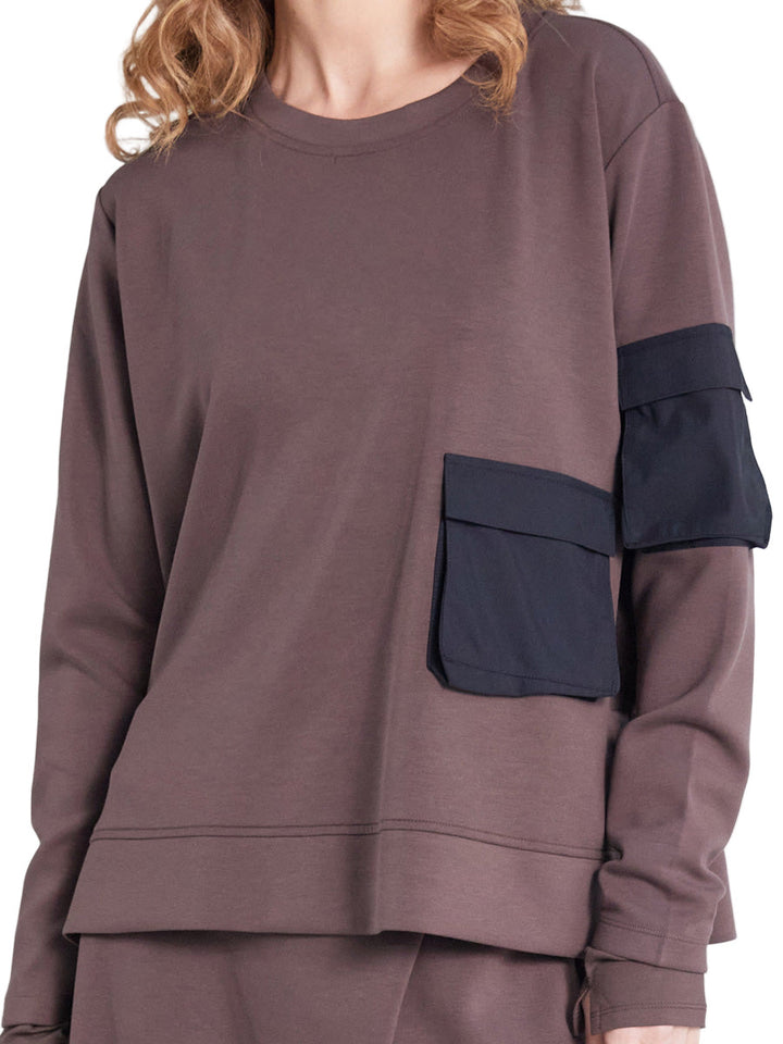 Naya Brown Round Neck Contrast Pocket Sweatshirt