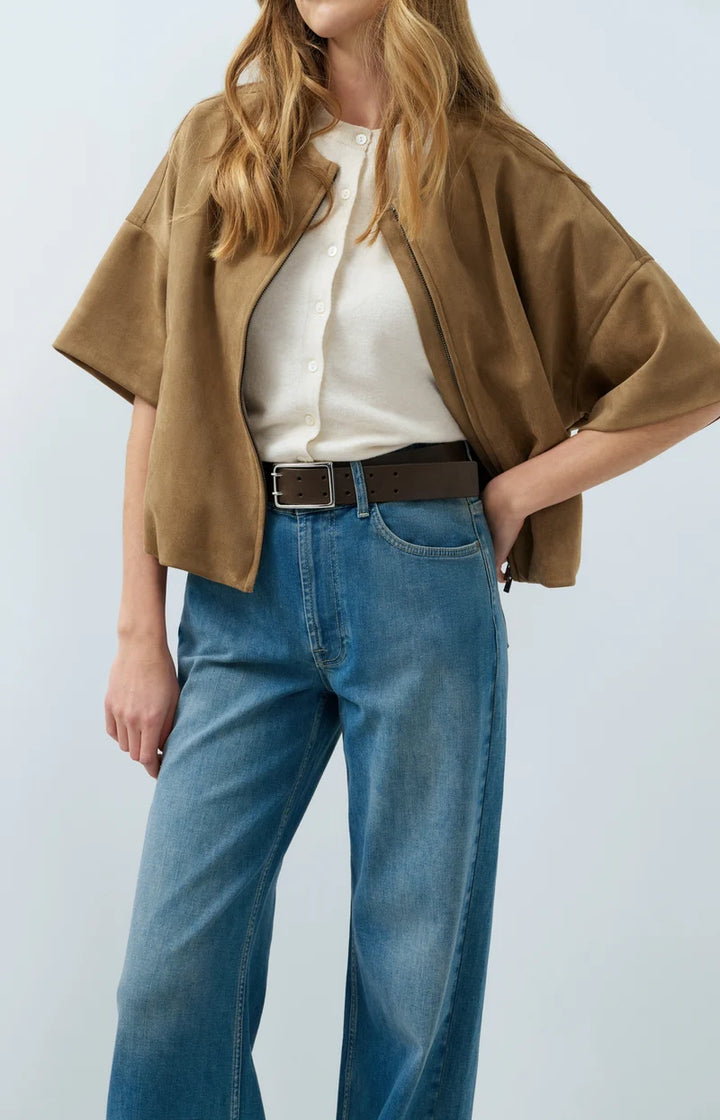 YAYA Oversized Suedine Jacket with Short Sleeves, Brown