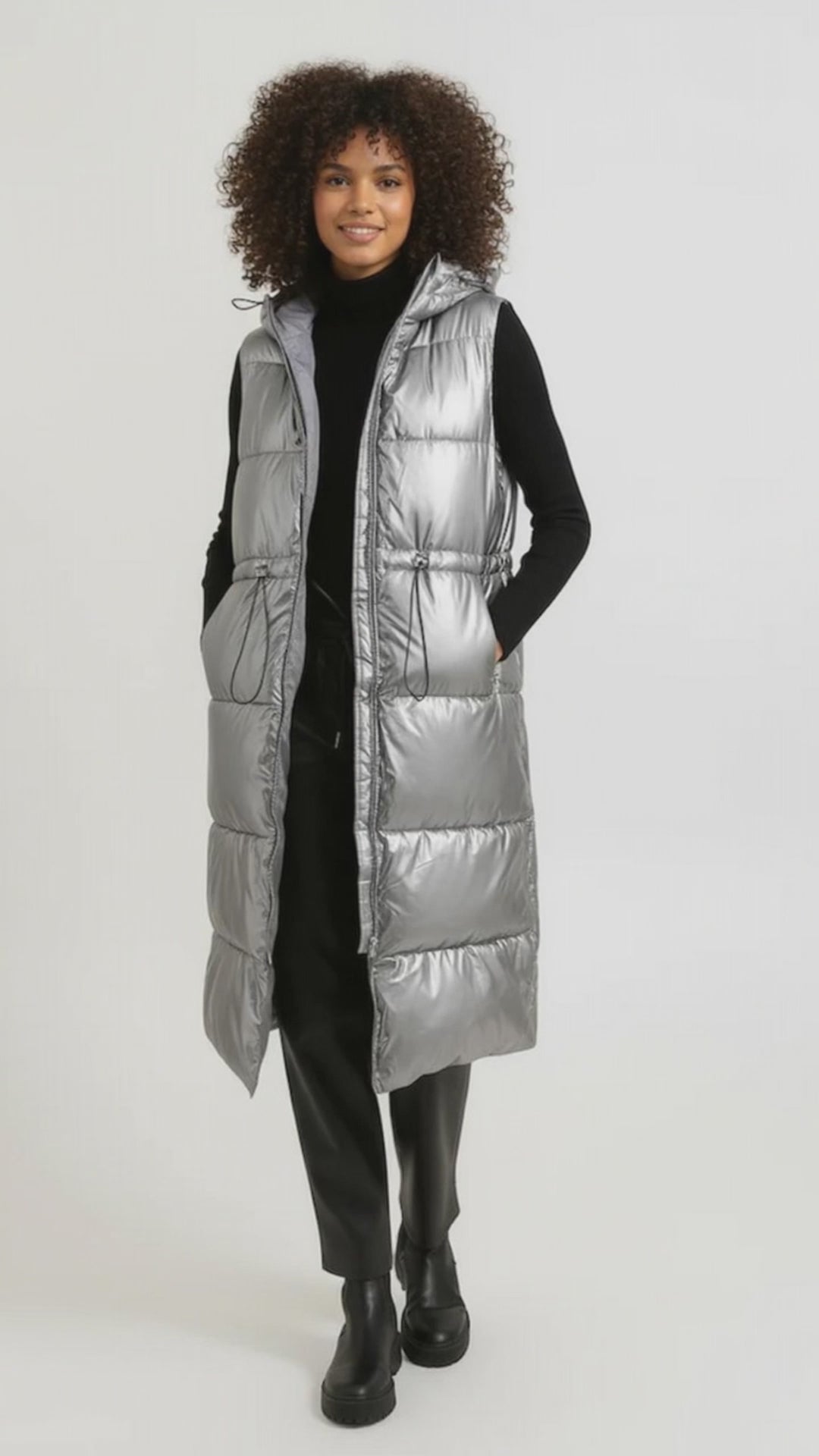 Long Silver Metallic Sleeveless Padded Coat