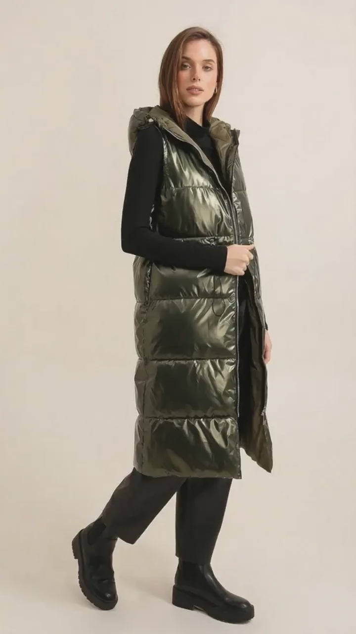 Long Khaki Metallic Sleeveless Padded Coat