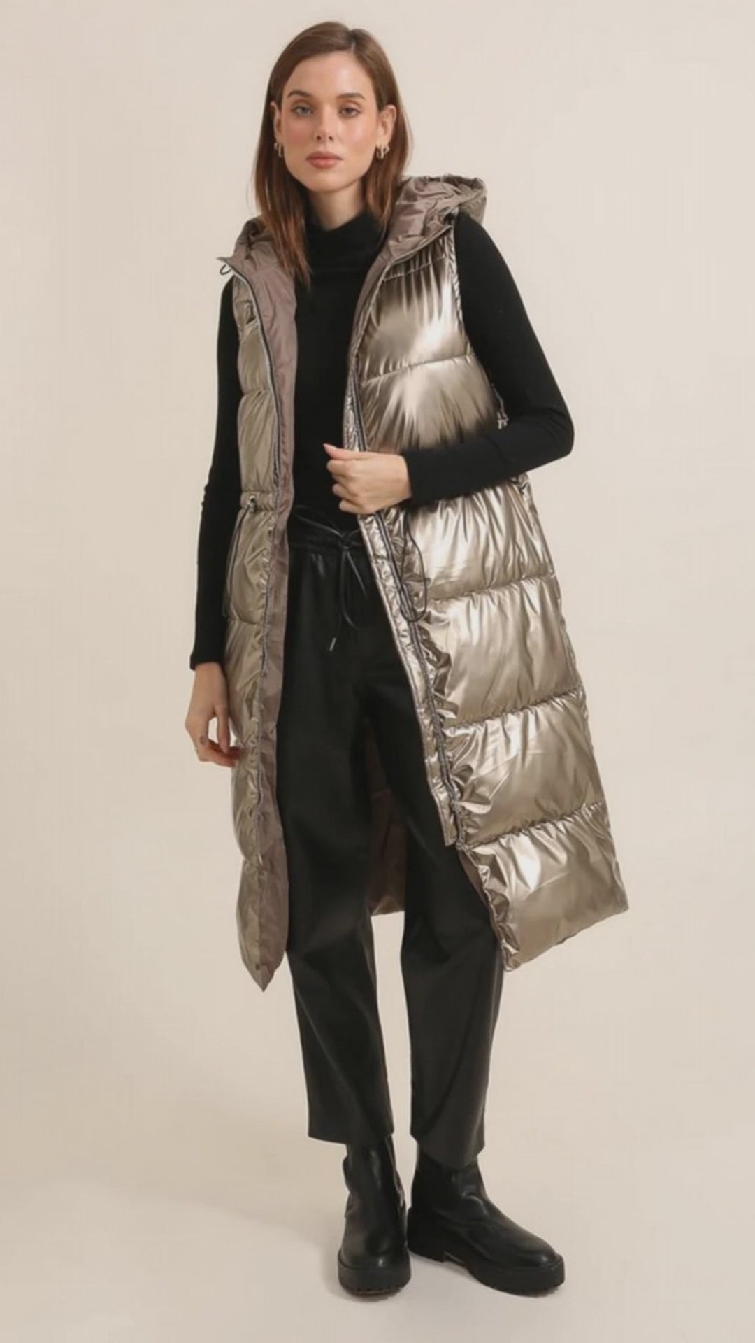 Long Gold Metallic Sleeveless Padded Coat