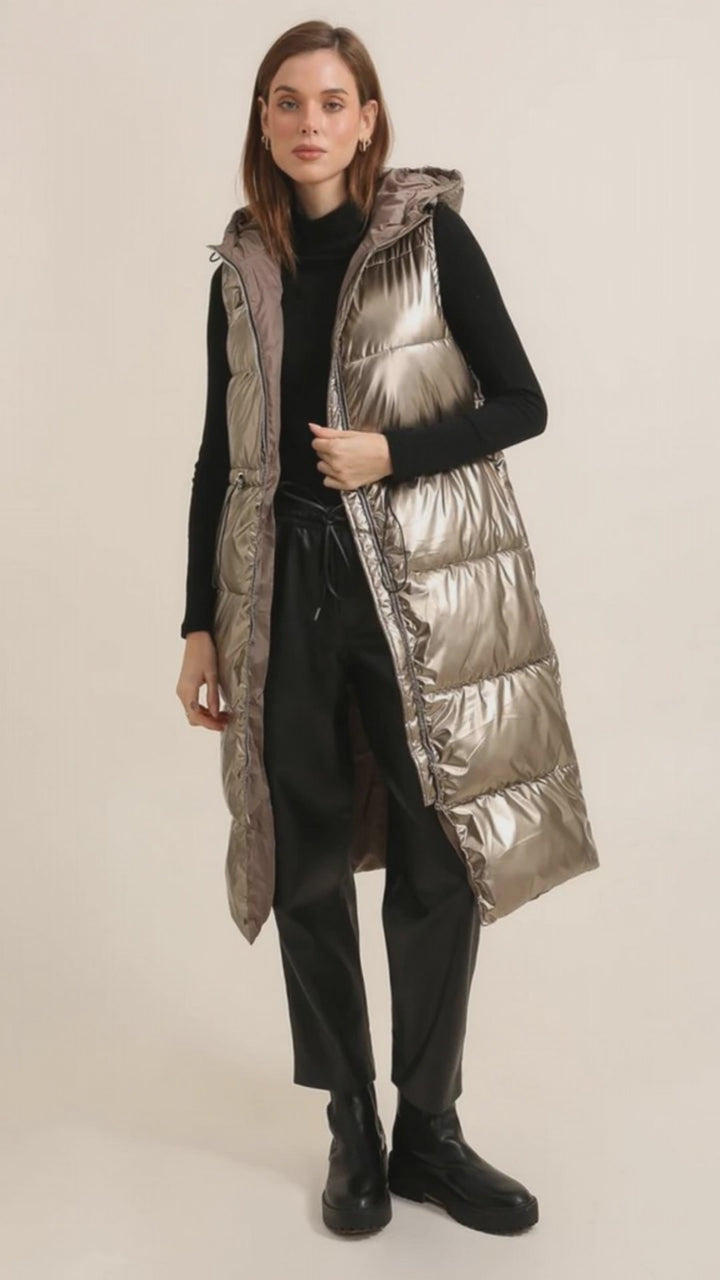 Long Gold Metallic Sleeveless Padded Coat