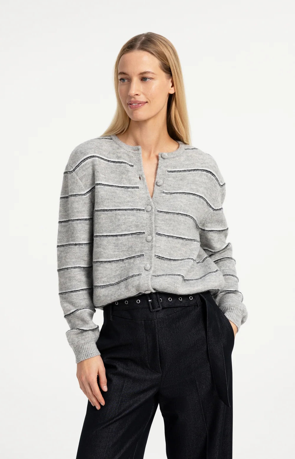 YAYA Striped Knitted Cardigan, Medium Grey Melange