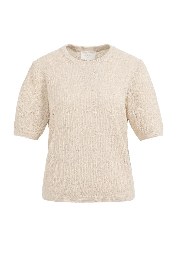YAYA Beige Textured Short Sleeve Knitted Sweater