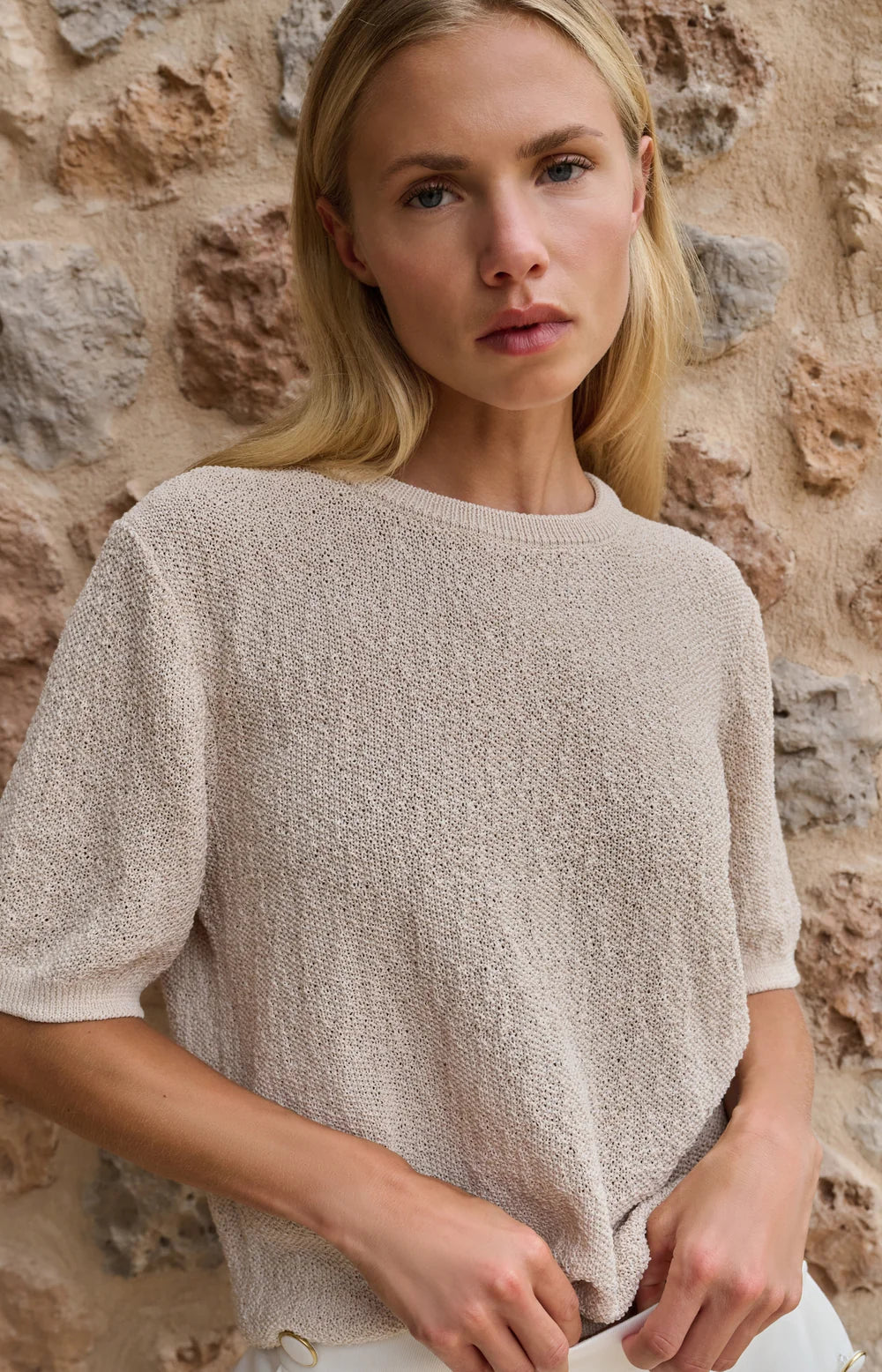 YAYA Beige Textured Short Sleeve Knitted Sweater