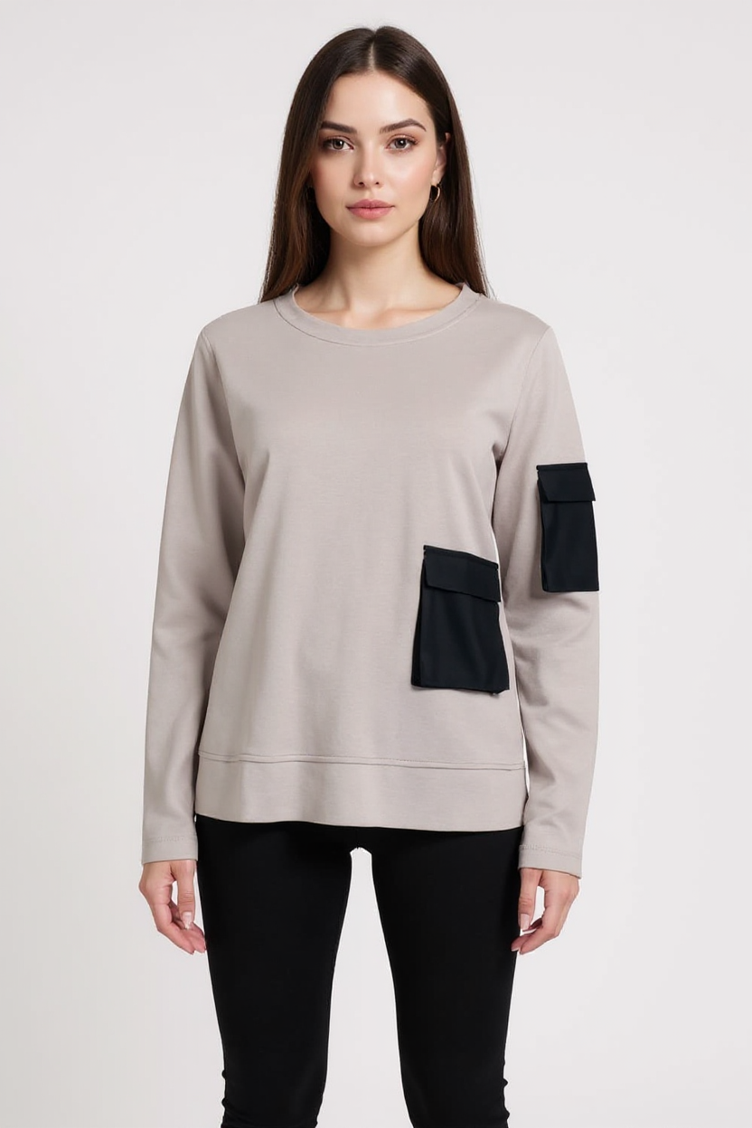 Naya Black Round Neck Contrast Pocket Sweatshirt