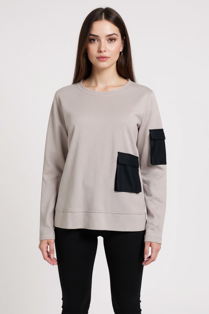 Naya Black Round Neck Contrast Pocket Sweatshirt